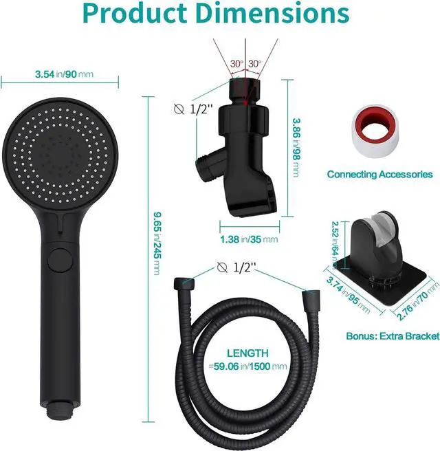 Alt view image 5 of 6 - MIAOHUI Shower Head with Hose and on off Switch, 3 Setting High Pressure Handheld Shower Head, Removable Shower Head with hose, Adjustable Angle Bracket, Low-Reach Wand Holder, Black