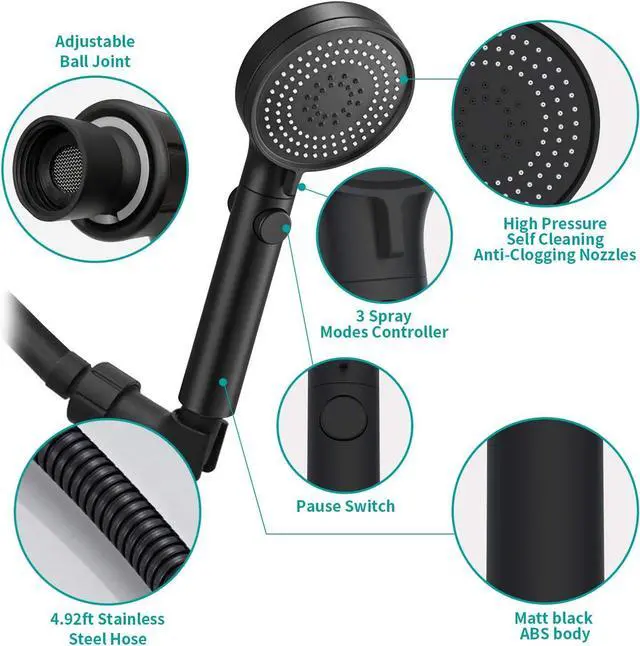 Alt view image 6 of 6 - MIAOHUI Shower Head with Hose and on off Switch, 3 Setting High Pressure Handheld Shower Head, Removable Shower Head with hose, Adjustable Angle Bracket, Low-Reach Wand Holder, Black