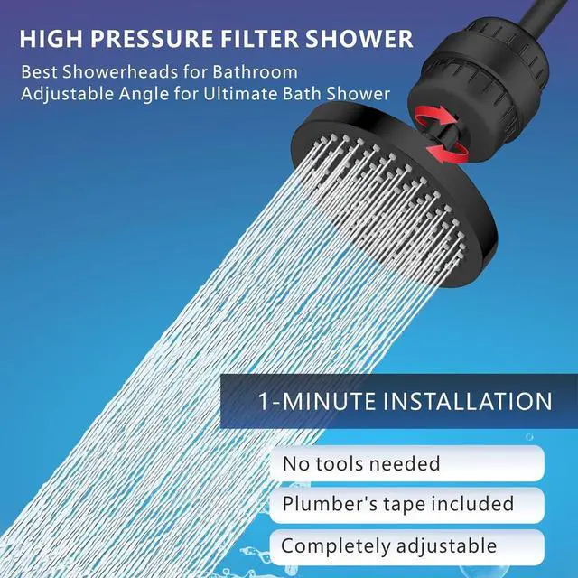 Alt view image 7 of 7 - High Pressure Filtered Shower Head Set, 6 Rain Shower Filter for Hard Water, Universal Round Showerhead 20 Stage Filtration Removes Impurities for Rejuvenated Skin by Eolax, Matte Black