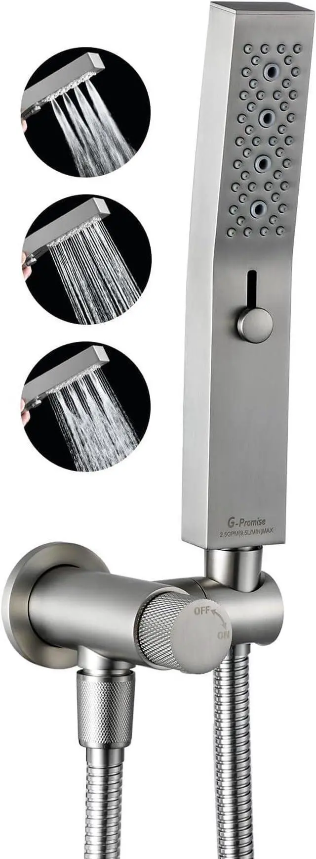 Main image of G-Promise All Metal Handheld Shower Set with 3-Function Showerwand, included Handheld Holder to Control on/off Switch and 70 Inch Tangle-Free Stainless Steel Hose