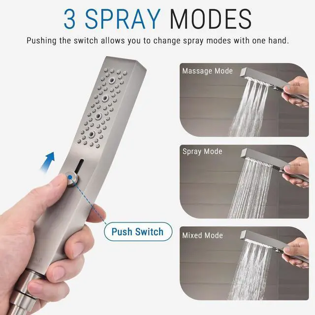Alt view image 2 of 7 - G-Promise All Metal Handheld Shower Set with 3-Function Showerwand, included Handheld Holder to Control on/off Switch and 70 Inch Tangle-Free Stainless Steel Hose