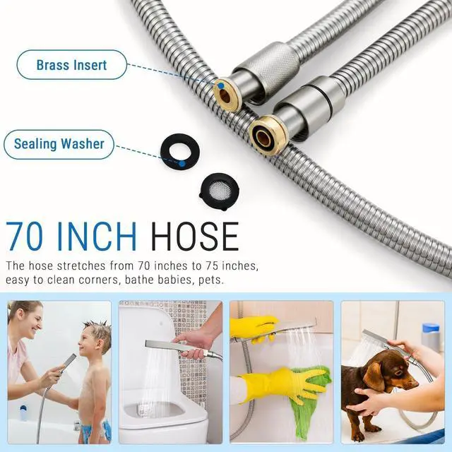 Alt view image 4 of 7 - G-Promise All Metal Handheld Shower Set with 3-Function Showerwand, included Handheld Holder to Control on/off Switch and 70 Inch Tangle-Free Stainless Steel Hose
