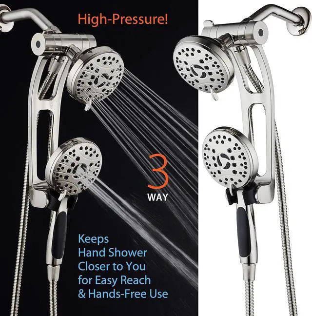 Alt view image 2 of 7 - High Pressure 48-mode Luxury 3-way Combo with Adjustable Extension Arm  Dual Rain & Handheld Shower Head  Extra Long 6 Foot Stainless Steel Hose  All Brushed Nickel Finish  Top US Brand