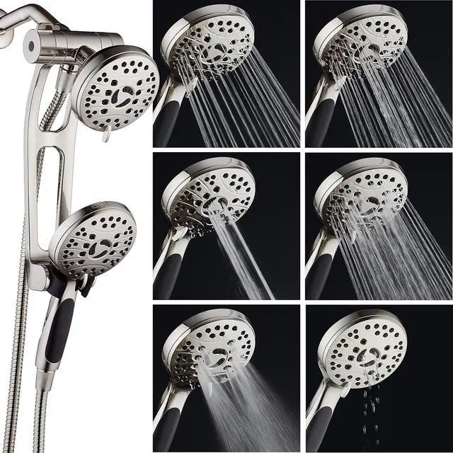 Alt view image 4 of 7 - High Pressure 48-mode Luxury 3-way Combo with Adjustable Extension Arm  Dual Rain & Handheld Shower Head  Extra Long 6 Foot Stainless Steel Hose  All Brushed Nickel Finish  Top US Brand