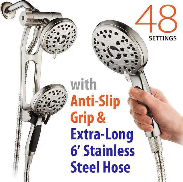 Alt view image 6 of 7 - High Pressure 48-mode Luxury 3-way Combo with Adjustable Extension Arm  Dual Rain & Handheld Shower Head  Extra Long 6 Foot Stainless Steel Hose  All Brushed Nickel Finish  Top US Brand