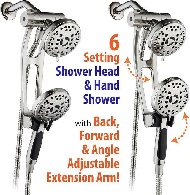 Alt view image 5 of 7 - High Pressure 48-mode Luxury 3-way Combo with Adjustable Extension Arm  Dual Rain & Handheld Shower Head  Extra Long 6 Foot Stainless Steel Hose  All Brushed Nickel Finish  Top US Brand