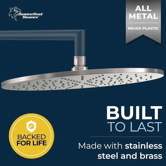 Alt view image 3 of 7 - HammerHead Showers® Solid Metal 12 Inch Rainfall Shower Head, Large Rain Shower Head, 2.5 GPM High Flow Shower Head Optimized for Pressure, Wall-Mounted or Ceiling Rain Shower Head, Brushed Nickel