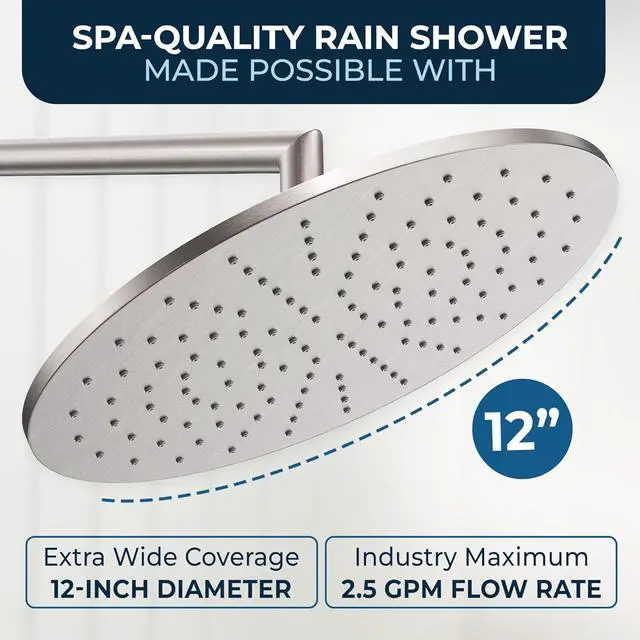 Alt view image 4 of 7 - HammerHead Showers® Solid Metal 12 Inch Rainfall Shower Head, Large Rain Shower Head, 2.5 GPM High Flow Shower Head Optimized for Pressure, Wall-Mounted or Ceiling Rain Shower Head, Brushed Nickel