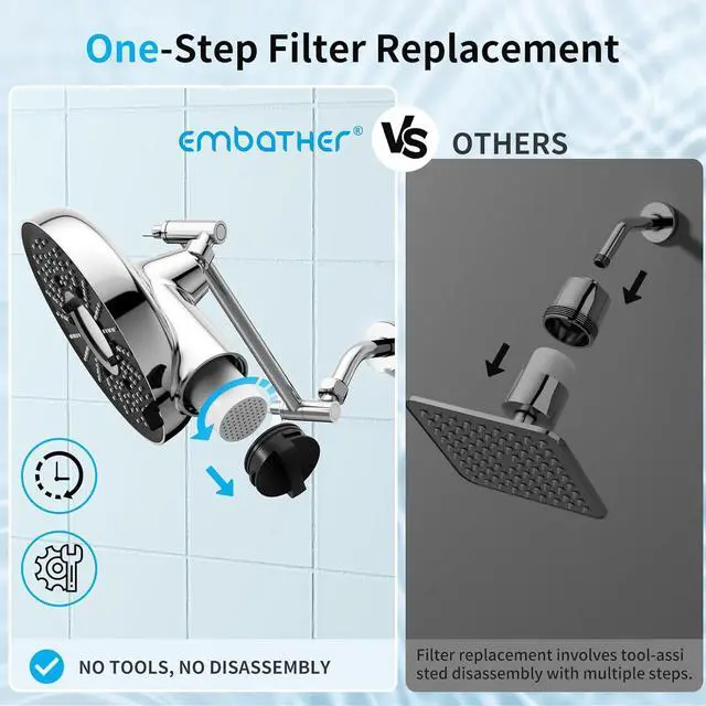 Alt view image 3 of 7 - Filtered Shower Head with Extension Arm - EMBATHER 8 Inch High Output Showrhead with 3 Spray Settings, 18 Stage Filter for Hard Water, 11" Adjustable Arm, Brass Swivel Ball Jiont, Chrom