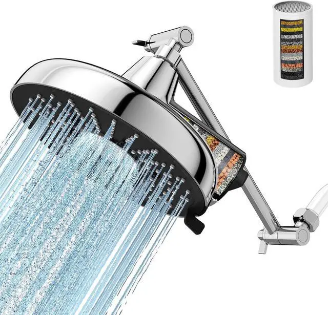 Main image of Filtered Shower Head with Extension Arm - EMBATHER 8 Inch High Output Showrhead with 3 Spray Settings, 18 Stage Filter for Hard Water, 11" Adjustable Arm, Brass Swivel Ball Jiont, Chrom