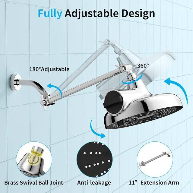 Alt view image 2 of 7 - Filtered Shower Head with Extension Arm - EMBATHER 8 Inch High Output Showrhead with 3 Spray Settings, 18 Stage Filter for Hard Water, 11" Adjustable Arm, Brass Swivel Ball Jiont, Chrom