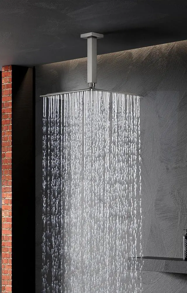 Alt view image 5 of 5 - Square Rain Shower Head, Ultra-Thin Design 304 Stainless Steel Ceiling Shower Head, Modern High Pressure Waterfall Shower Head (Brushed Nickel, 12)