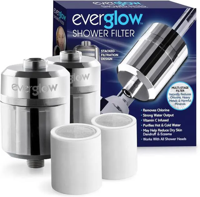 Main image of EVERGLOW 2-Pack Filtered Shower Heads for Hard Water with 2 Vitamin C Cartridges | Removes Chlorine, Heavy Metals, and Toxins | Water Softener for Dry Skin, Eczema, Dandruff | Healthy Hair & Skin Care