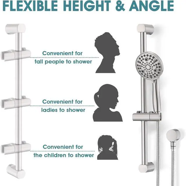 Alt view image 2 of 7 - Hand Shower with Slide Bar, High Pressure 10 Setting Handheld Shower Head, Adjustable Height 24" Slide Bar, Wall Supply Elbow and 6.6ft Extra Long Shower Hose - Brushed Nickel