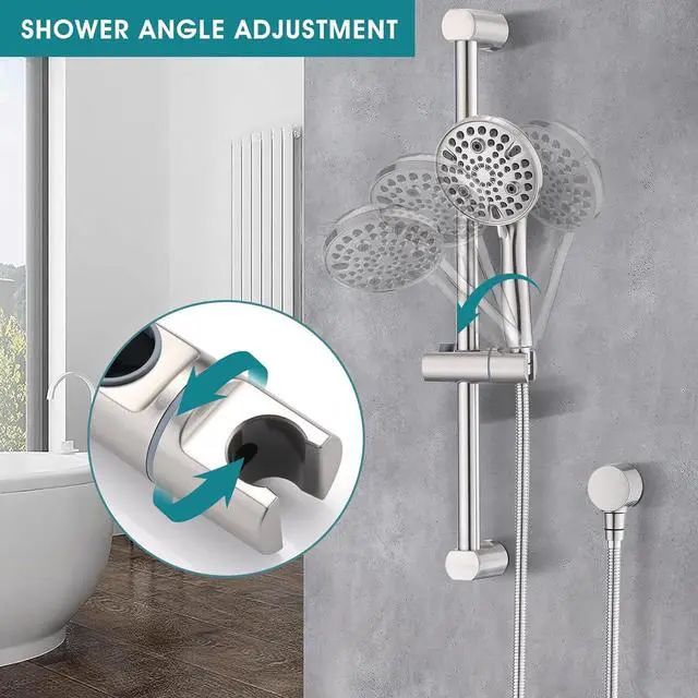 Alt view image 6 of 7 - Hand Shower with Slide Bar, High Pressure 10 Setting Handheld Shower Head, Adjustable Height 24" Slide Bar, Wall Supply Elbow and 6.6ft Extra Long Shower Hose - Brushed Nickel