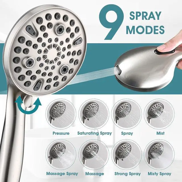 Alt view image 4 of 7 - Hand Shower with Slide Bar, High Pressure 10 Setting Handheld Shower Head, Adjustable Height 24" Slide Bar, Wall Supply Elbow and 6.6ft Extra Long Shower Hose - Brushed Nickel