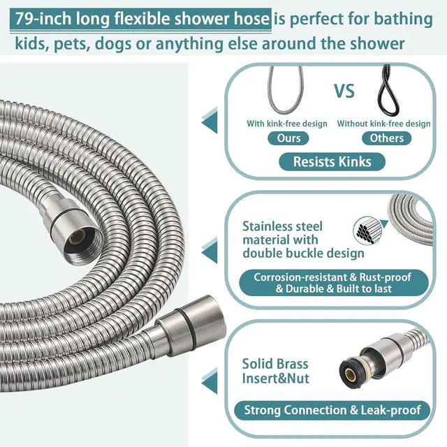 Alt view image 7 of 7 - Hand Shower with Slide Bar, High Pressure 10 Setting Handheld Shower Head, Adjustable Height 24" Slide Bar, Wall Supply Elbow and 6.6ft Extra Long Shower Hose - Brushed Nickel