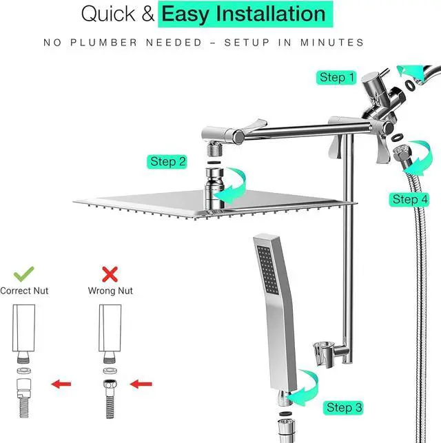 Alt view image 2 of 6 - Rainfall Shower Head with Handheld Combo  All Metal 12" Extra-Large Shower  3 Spray Modes (Rainfall, Handheld, Combined)  German-Engineered, High Pressure, Easy No-Plumber Install