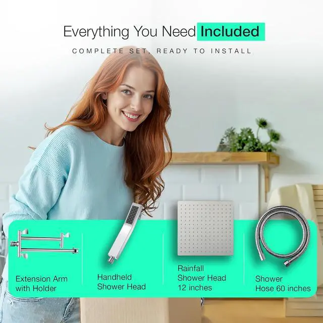 Alt view image 3 of 6 - Rainfall Shower Head with Handheld Combo  All Metal 12" Extra-Large Shower  3 Spray Modes (Rainfall, Handheld, Combined)  German-Engineered, High Pressure, Easy No-Plumber Install