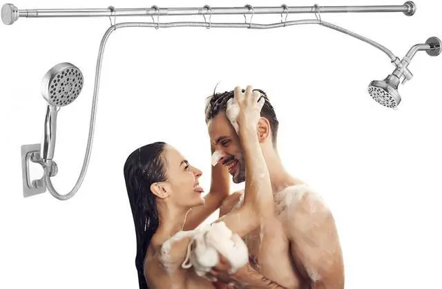 Main image of Double Shower Head for Couple, High Pressure Dual Showerhead, Adjustable Height Shower Rod, 5-Setting Handheld Shower Head, 5-Setting Handheld Shower Head, Chrome