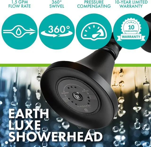 Alt view image 2 of 7 - Niagara Conservation N3915MB Earth Luxe 3-Spray with 1.5 GPM 3.35-in. Wall Mount Adjustable Fixed Shower Head in Matte Black, 1-Pack | Bathroom Shower Head Sprayer with Pressure Compensation