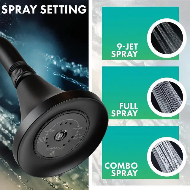 Alt view image 4 of 7 - Niagara Conservation N3915MB Earth Luxe 3-Spray with 1.5 GPM 3.35-in. Wall Mount Adjustable Fixed Shower Head in Matte Black, 1-Pack | Bathroom Shower Head Sprayer with Pressure Compensation