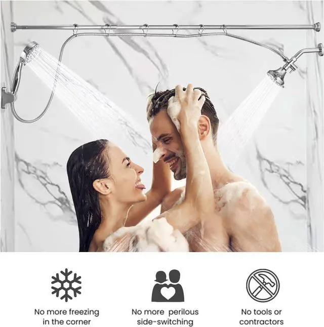 Alt view image 3 of 7 - Double Shower Head for Couple, High Pressure Dual Showerhead, Adjustable Height Shower Rod, 5-Setting Handheld Shower Head, 5-Setting Handheld Shower Head, Chrome