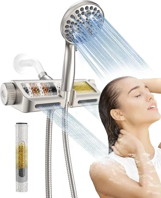Main image of MakeFit Filtered Shower Head with Handheld Combo Brushed Nickel - Dual 2-in-1 Spa System with Massage Shower Head and 10 Modes Hand Held Showerhead, High Pressure, Buit in Power Wash Mode