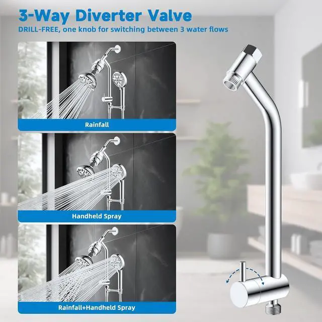 Alt view image 5 of 7 - Filtered Dual Shower Heads with Handheld Spary Combo, 3-Way High Pressure 10 Modes Handheld Shower & 7 Modes Rain Shower Separately or Together, with 20 Stage Shower Filter, Chrome