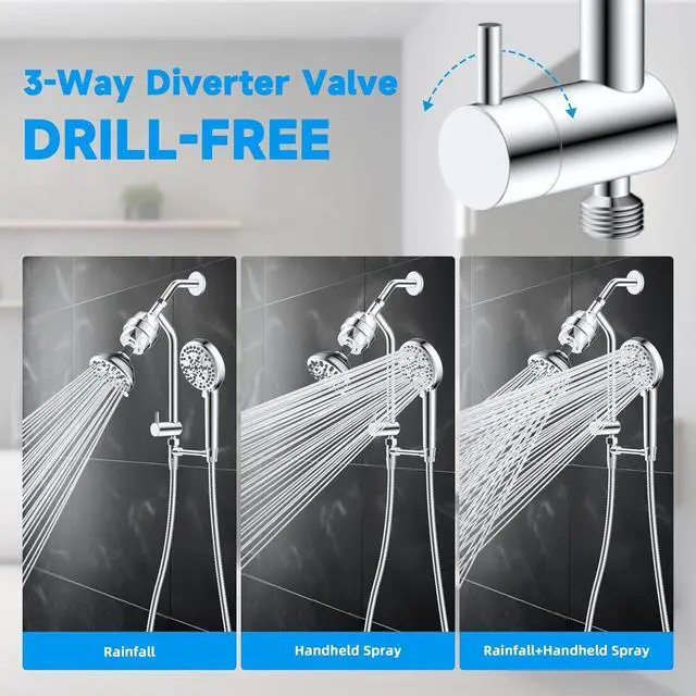 Alt view image 4 of 7 - Filtered Dual Shower Heads with Handheld Spary Combo, 3-Way High Pressure 10 Modes Handheld Shower & 7 Modes Rain Shower Separately or Together, with 20 Stage Shower Filter, Chrome