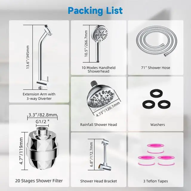 Alt view image 7 of 7 - Filtered Dual Shower Heads with Handheld Spary Combo, 3-Way High Pressure 10 Modes Handheld Shower & 7 Modes Rain Shower Separately or Together, with 20 Stage Shower Filter, Chrome