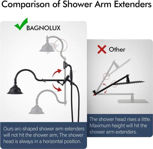 Alt view image 5 of 7 - Bagnolux Solid Brass 6" High Pressure Black Rain Shower Head with Handheld Combo 3.3" Spray, Rainfall Showerhead with 21" Extension Arm - Adjustable Dual Showerhead and 71" Shower Hose