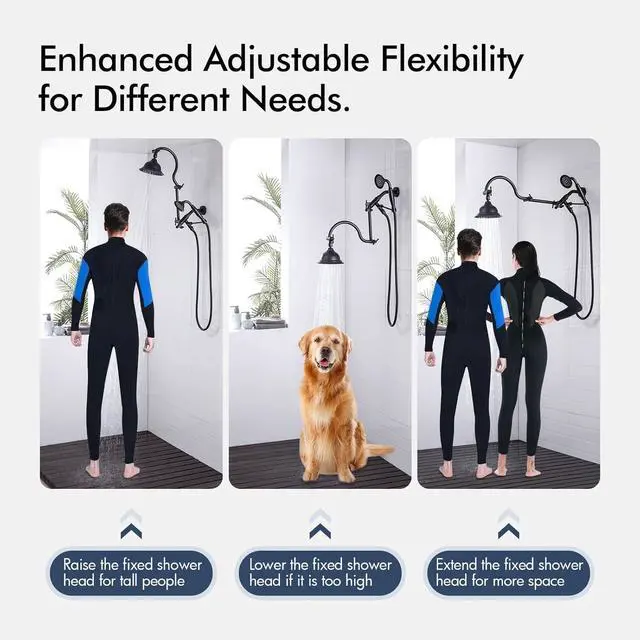 Alt view image 4 of 7 - Bagnolux Solid Brass 6" High Pressure Black Rain Shower Head with Handheld Combo 3.3" Spray, Rainfall Showerhead with 21" Extension Arm - Adjustable Dual Showerhead and 71" Shower Hose