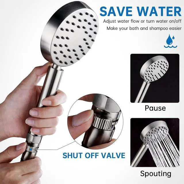 Alt view image 2 of 7 - G-Promise Solid Metal Brushed Nickel Handheld Shower Head With Extra Long Stainless Steel Hose & Water Saving On/Off Pause Valve, Modern Style, 1 Setting, 10 Year Warranty