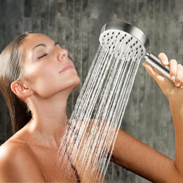 Alt view image 3 of 7 - G-Promise Solid Metal Brushed Nickel Handheld Shower Head With Extra Long Stainless Steel Hose & Water Saving On/Off Pause Valve, Modern Style, 1 Setting, 10 Year Warranty