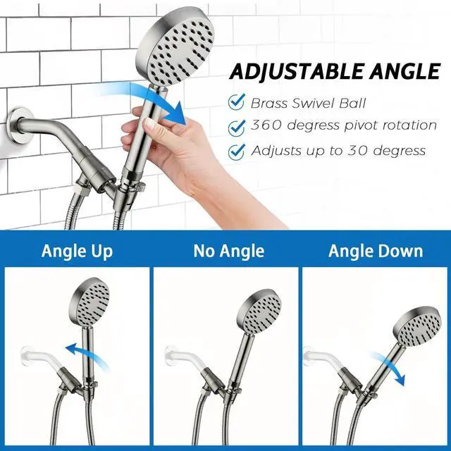 Alt view image 4 of 7 - G-Promise Solid Metal Brushed Nickel Handheld Shower Head With Extra Long Stainless Steel Hose & Water Saving On/Off Pause Valve, Modern Style, 1 Setting, 10 Year Warranty