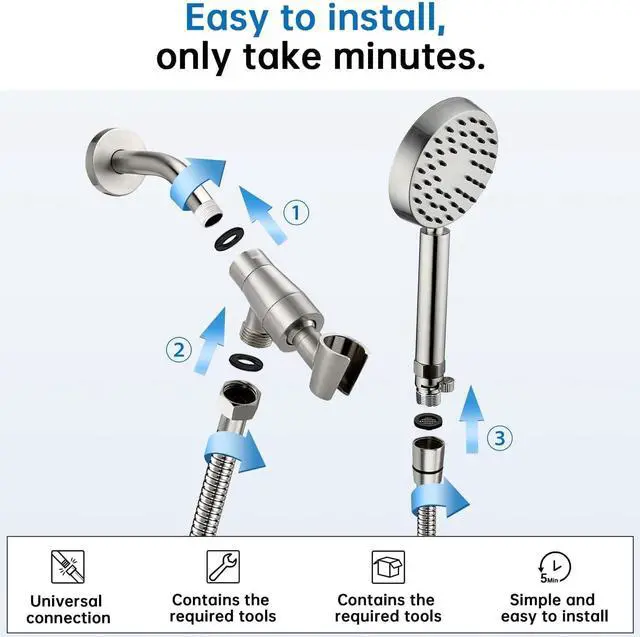 Alt view image 5 of 7 - G-Promise Solid Metal Brushed Nickel Handheld Shower Head With Extra Long Stainless Steel Hose & Water Saving On/Off Pause Valve, Modern Style, 1 Setting, 10 Year Warranty