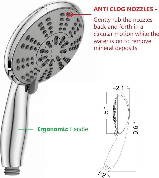 Alt view image 2 of 7 - 5-Inch Anti-Clog High Pressure 3-Way LARGE Dual Shower Head with Handheld Spray - 5-Spray Setting/BRASS CONNECTOR/5 Ft Stainless Steel Hose/All Chrome (SS5450CCP)