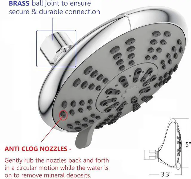 Alt view image 3 of 7 - 5-Inch Anti-Clog High Pressure 3-Way LARGE Dual Shower Head with Handheld Spray - 5-Spray Setting/BRASS CONNECTOR/5 Ft Stainless Steel Hose/All Chrome (SS5450CCP)
