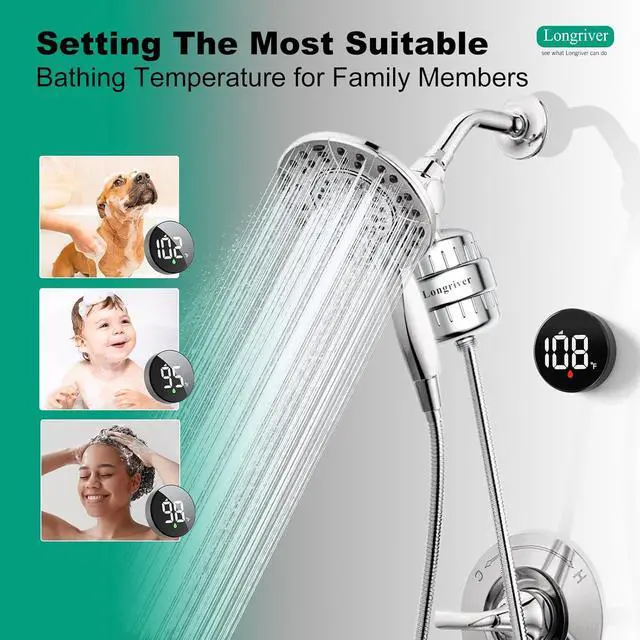 Alt view image 2 of 7 - Tem8 Bathroom Shower Filter Fixture with Wireless Temperature Display | Hard Water Purifier 99.99% Remove Chlorine & Heavy Metals | Improve Skin & Hair Health | Chrome Hardware Accessories
