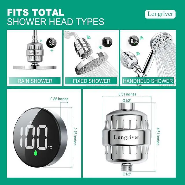 Alt view image 6 of 7 - Tem8 Bathroom Shower Filter Fixture with Wireless Temperature Display | Hard Water Purifier 99.99% Remove Chlorine & Heavy Metals | Improve Skin & Hair Health | Chrome Hardware Accessories