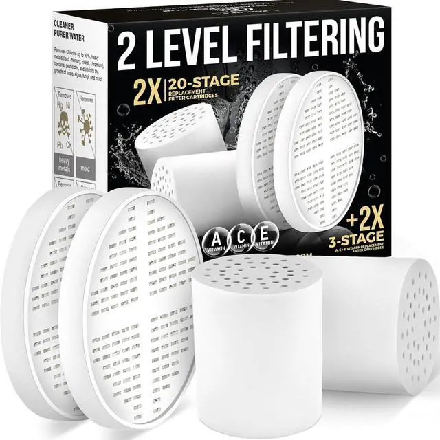 Main image of AquaHomeGroup 20-Stage Shower Filter Replacement Cartridge & Vitamin C + E + A Cartridges (2-Pack, No Housing) - Improve Shower Water Quality and Promote Healthier Skin and Hair