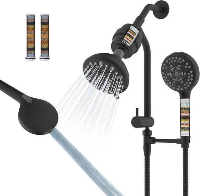 Main image of Filtered Dual Shower Heads with Handheld Spary Combo, 3-Way High Pressure 10 Modes Handheld Shower & 7 Modes Rain Shower Separately or Together, with 20 Stage Shower Filter, Matteblack