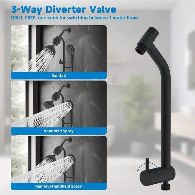 Alt view image 5 of 7 - Filtered Dual Shower Heads with Handheld Spary Combo, 3-Way High Pressure 10 Modes Handheld Shower & 7 Modes Rain Shower Separately or Together, with 20 Stage Shower Filter, Matteblack
