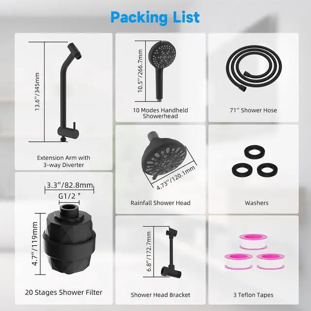 Alt view image 7 of 7 - Filtered Dual Shower Heads with Handheld Spary Combo, 3-Way High Pressure 10 Modes Handheld Shower & 7 Modes Rain Shower Separately or Together, with 20 Stage Shower Filter, Matteblack