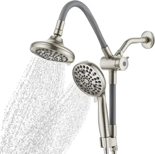 Main image of AQUAZEN® Dual Shower Head Combo | Adjustable Rainfall + Handheld Shower | 6 Spray Modes Each | Flexible Mount & Swivel Heads | 5ft Stainless Steel Hose | Premium Nickel Finish | Fits All US Showers