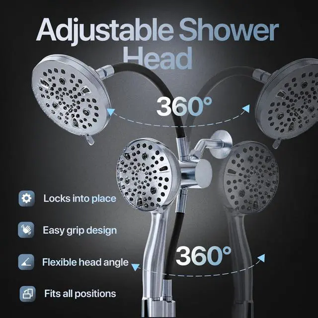 Alt view image 2 of 7 - AQUAZEN® Dual Shower Head Combo | Adjustable Rainfall + Handheld Shower | 6 Spray Modes Each | Flexible Mount & Swivel Heads | 5ft Stainless Steel Hose | Premium Nickel Finish | Fits All US Showers