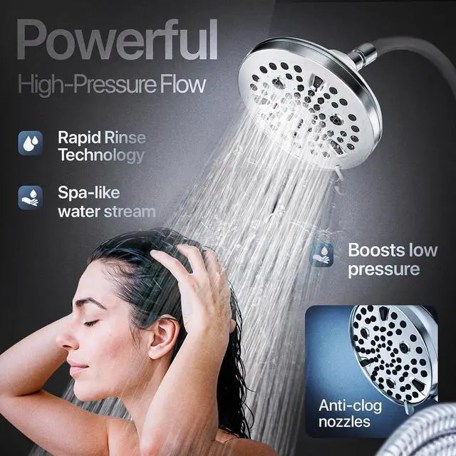 Alt view image 3 of 7 - AQUAZEN® Dual Shower Head Combo | Adjustable Rainfall + Handheld Shower | 6 Spray Modes Each | Flexible Mount & Swivel Heads | 5ft Stainless Steel Hose | Premium Nickel Finish | Fits All US Showers