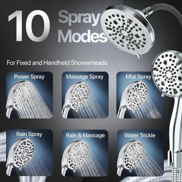Alt view image 4 of 7 - AQUAZEN® Dual Shower Head Combo | Adjustable Rainfall + Handheld Shower | 6 Spray Modes Each | Flexible Mount & Swivel Heads | 5ft Stainless Steel Hose | Premium Nickel Finish | Fits All US Showers