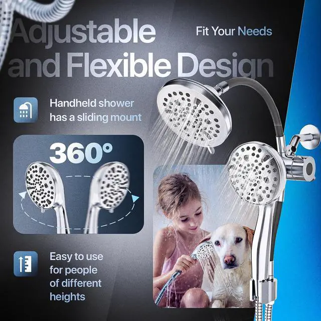 Alt view image 5 of 7 - AQUAZEN® Dual Shower Head Combo | Adjustable Rainfall + Handheld Shower | 6 Spray Modes Each | Flexible Mount & Swivel Heads | 5ft Stainless Steel Hose | Premium Nickel Finish | Fits All US Showers